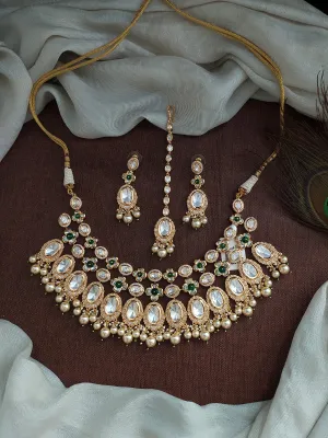 Polki Kundan Choker Necklace Set with Green Beads and Pearl Drops