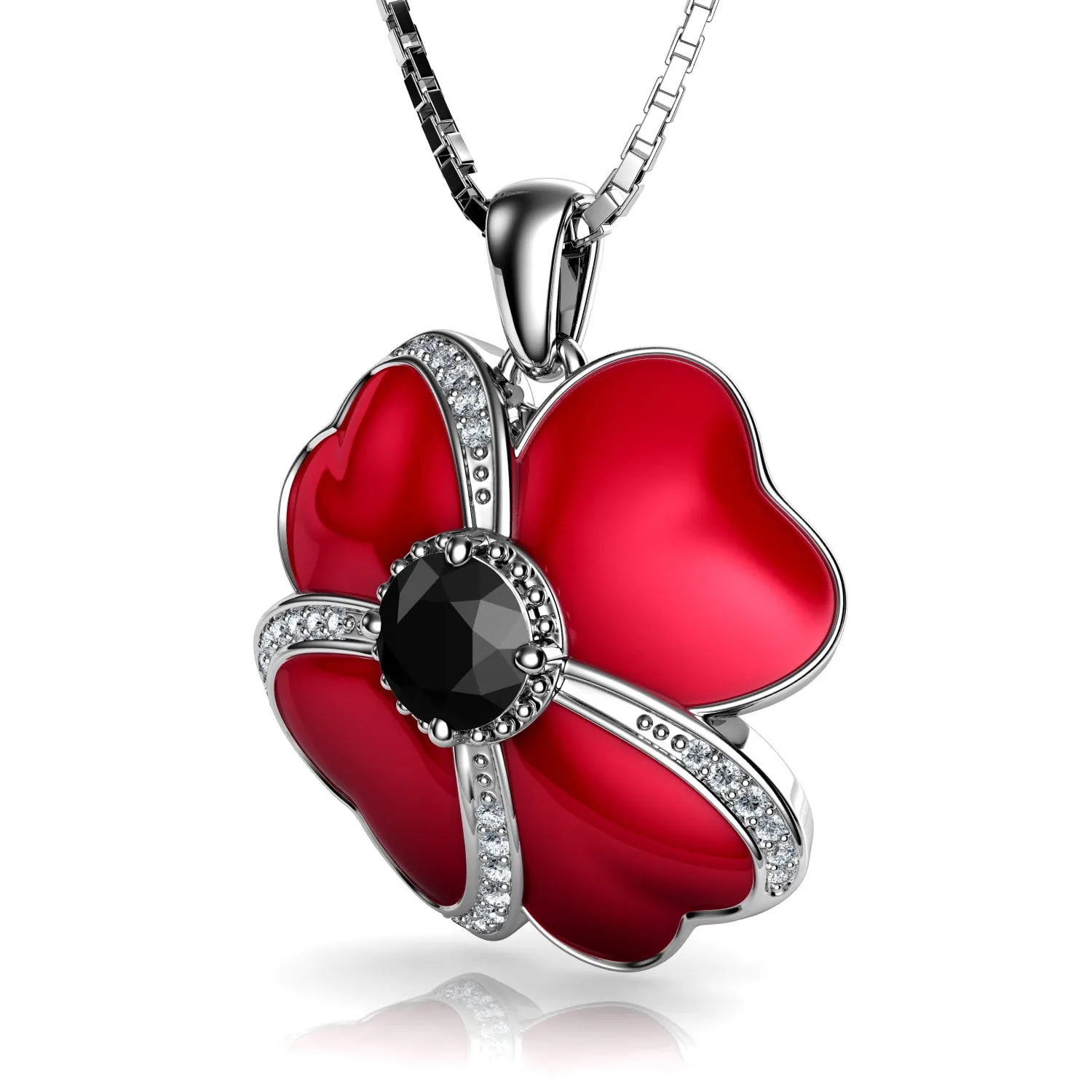 Poppy Necklace 925 Sterling Silver Poppy Red Enamel and black CZ