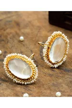 Quartz & Pearl Gold Finish Loop Earrings In Sterling Silver