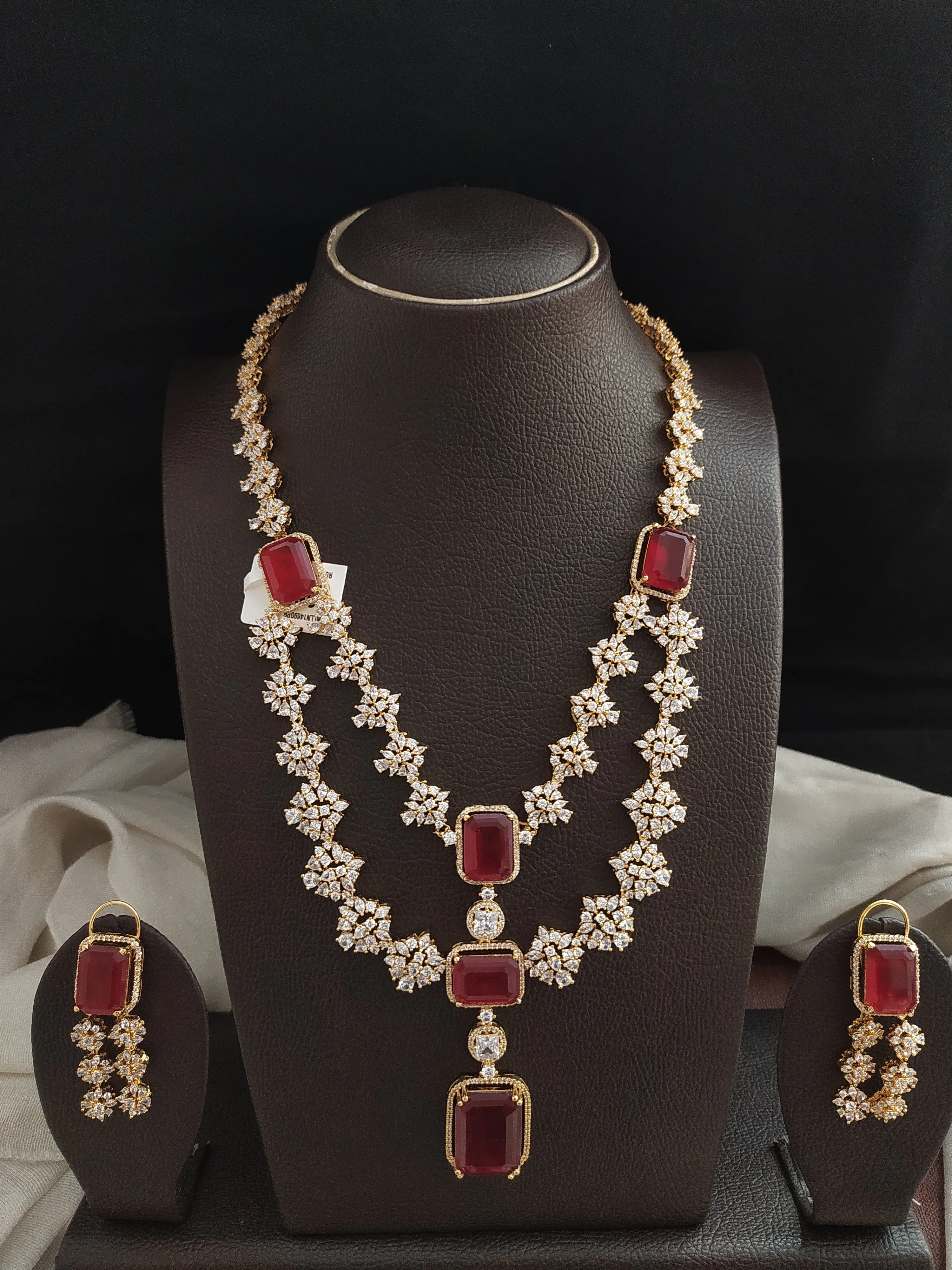 "Double Layer Zircon Haram Set with Ruby and White Zircon Stones"