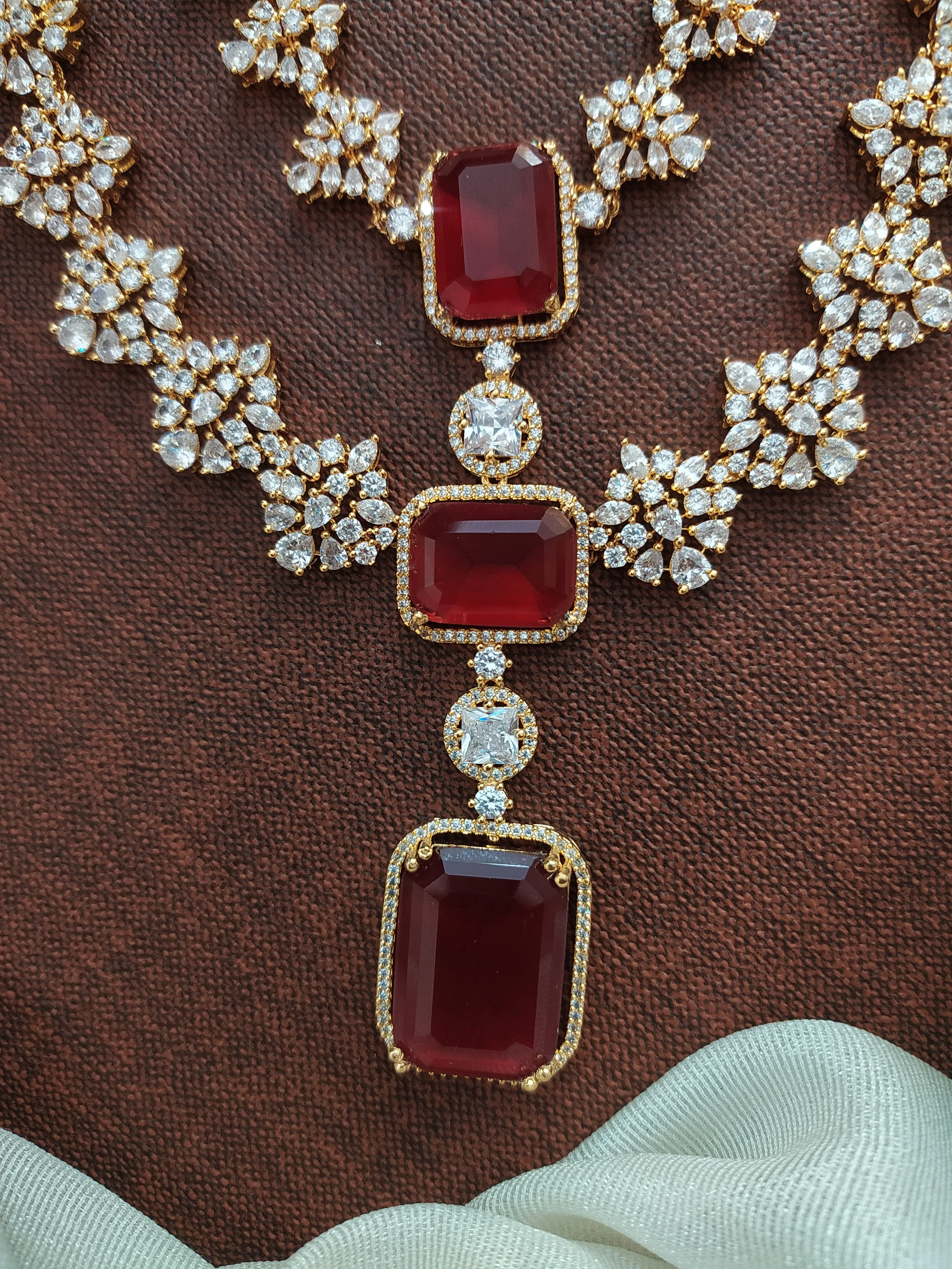 "Double Layer Zircon Haram Set with Ruby and White Zircon Stones"