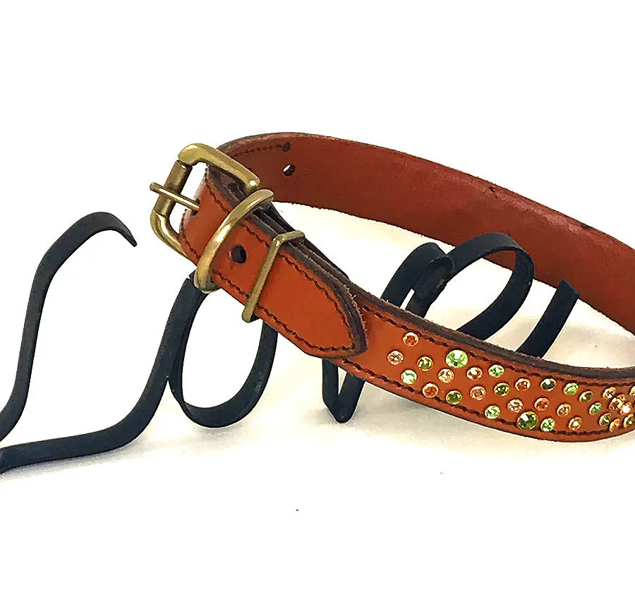 Random Crystal & Brown Leather Collar & Leash, 15"-18"