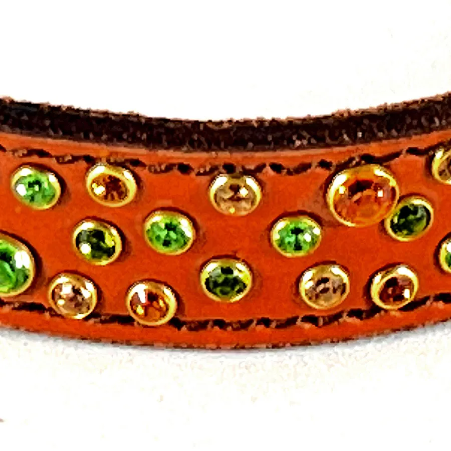 Random Crystal & Brown Leather Collar & Leash, 15"-18"