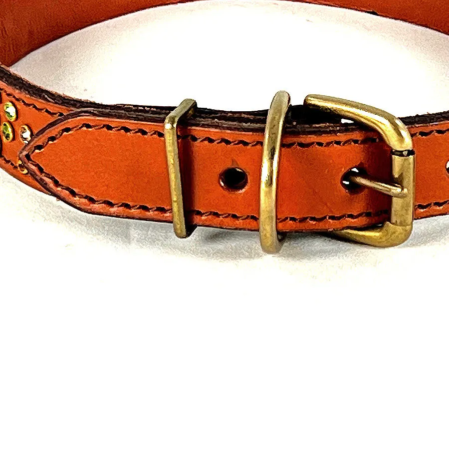 Random Crystal & Brown Leather Collar & Leash, 15"-18"