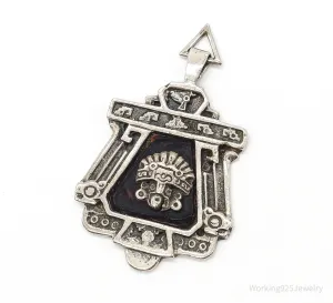 RARE Large Mexico Designer Aduna Aztec Leather Sterling Silver Pendant