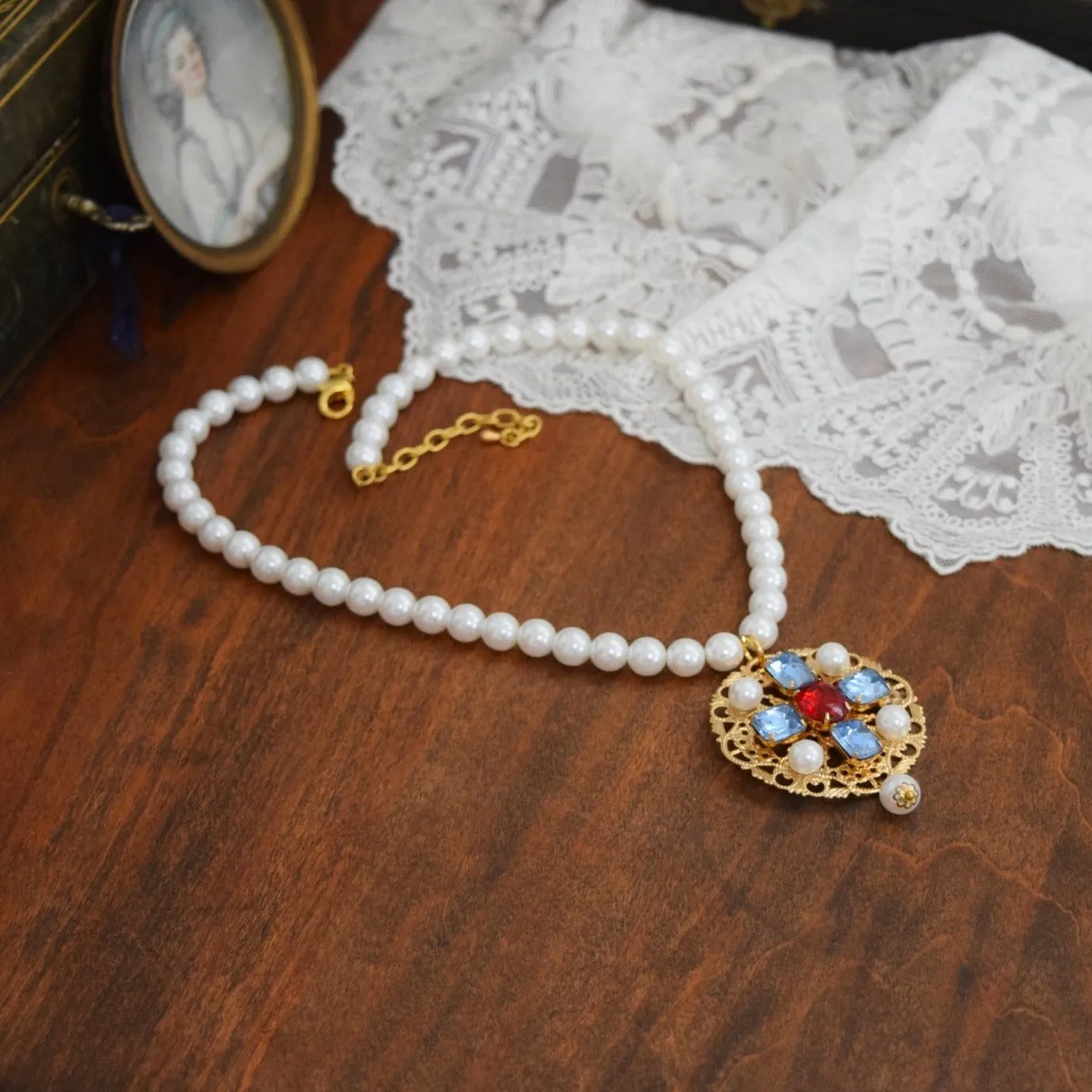 Renaissance Pendant or Necklace - Blue, Red, and Pearl on Filigree