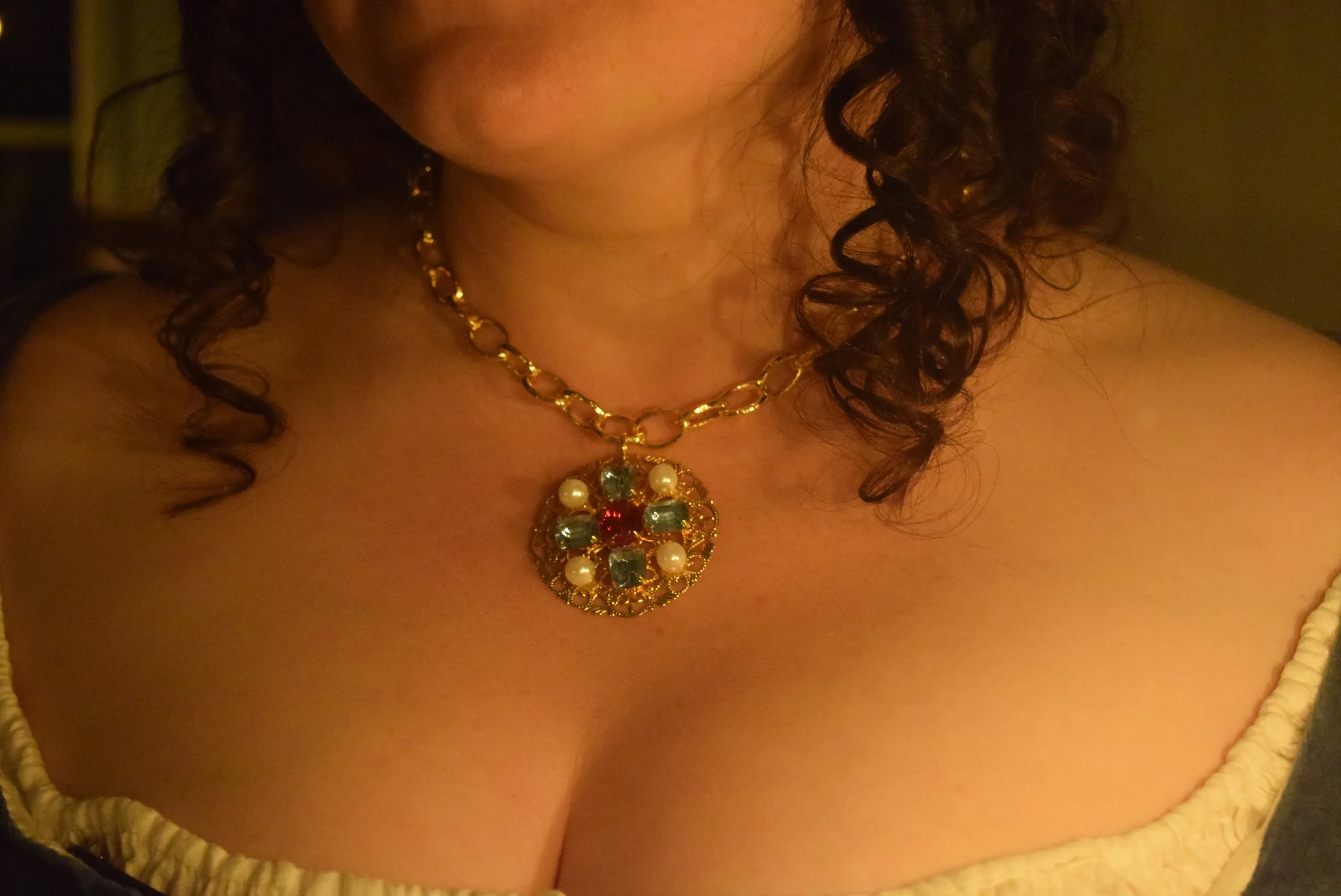 Renaissance Pendant or Necklace - Blue, Red, and Pearl on Filigree