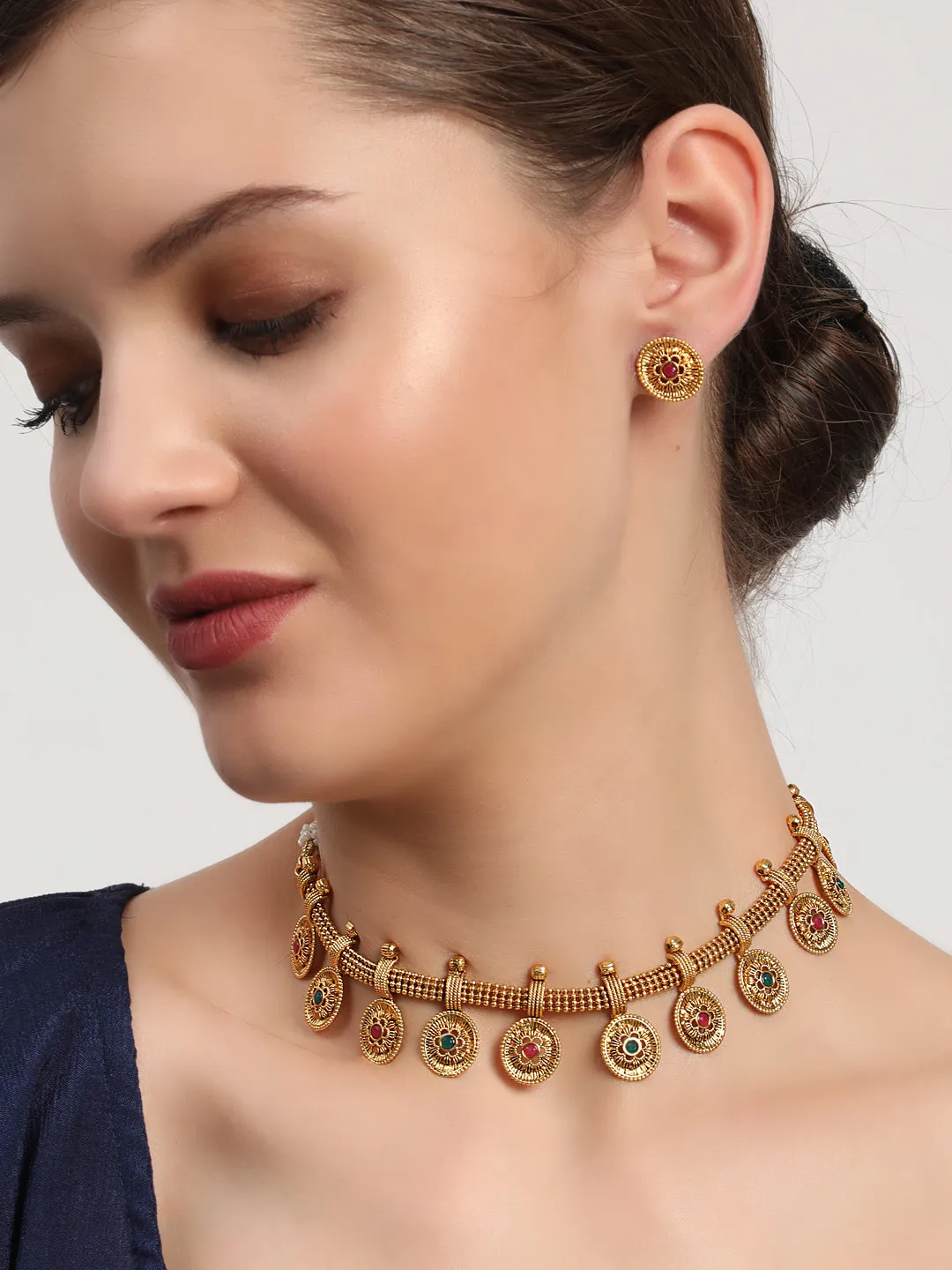 Ruby & Green Gold-Plated Stone-Studded Handcrafted Jewellery Set