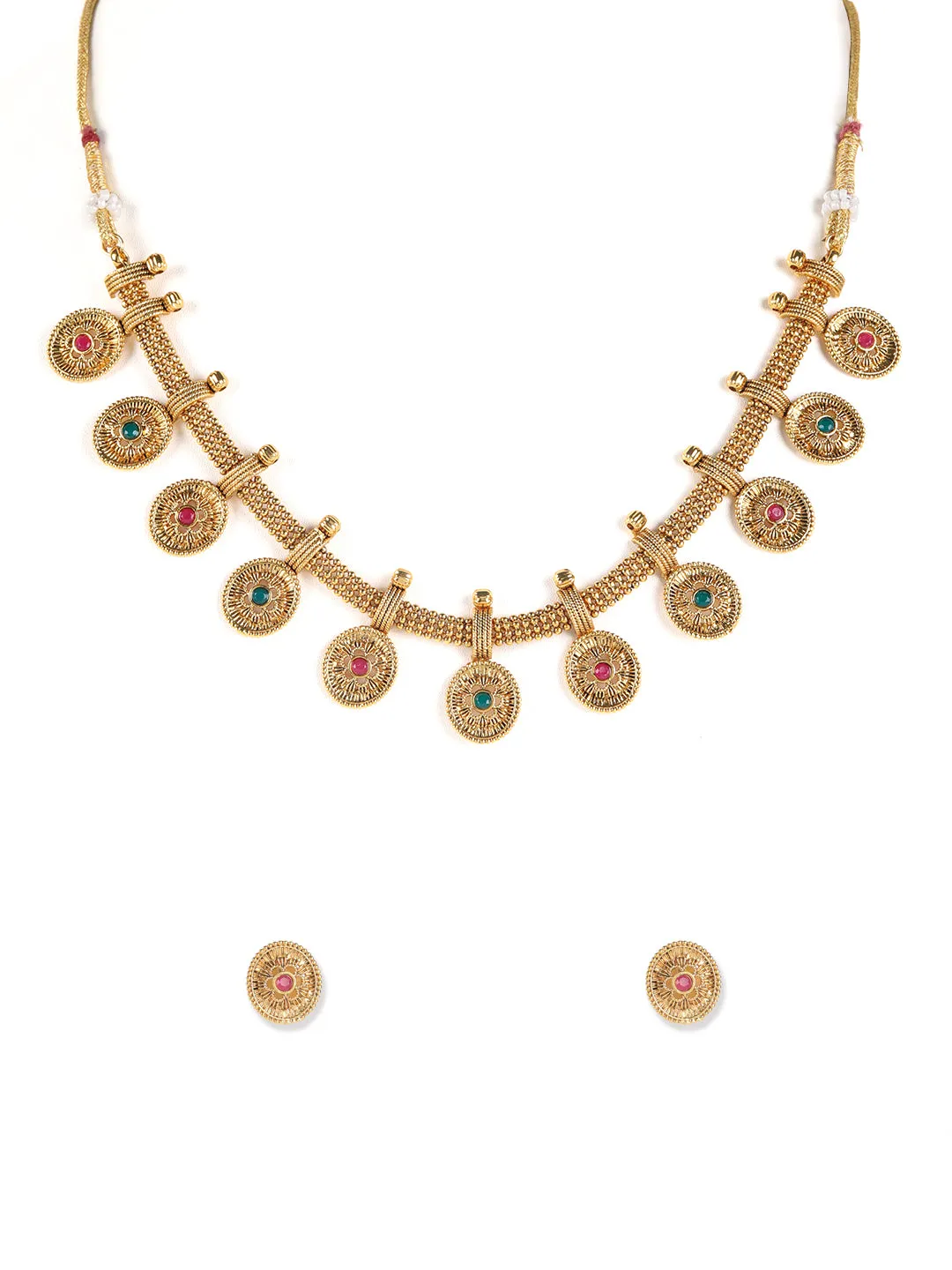 Ruby & Green Gold-Plated Stone-Studded Handcrafted Jewellery Set