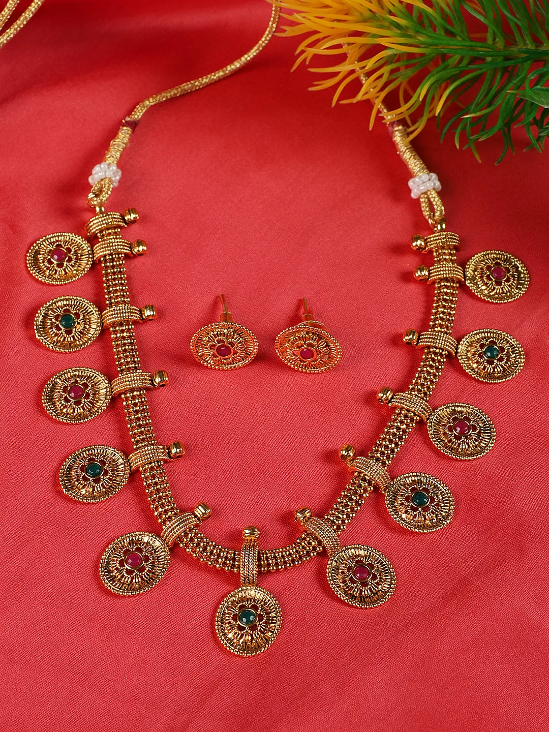 Ruby & Green Gold-Plated Stone-Studded Handcrafted Jewellery Set