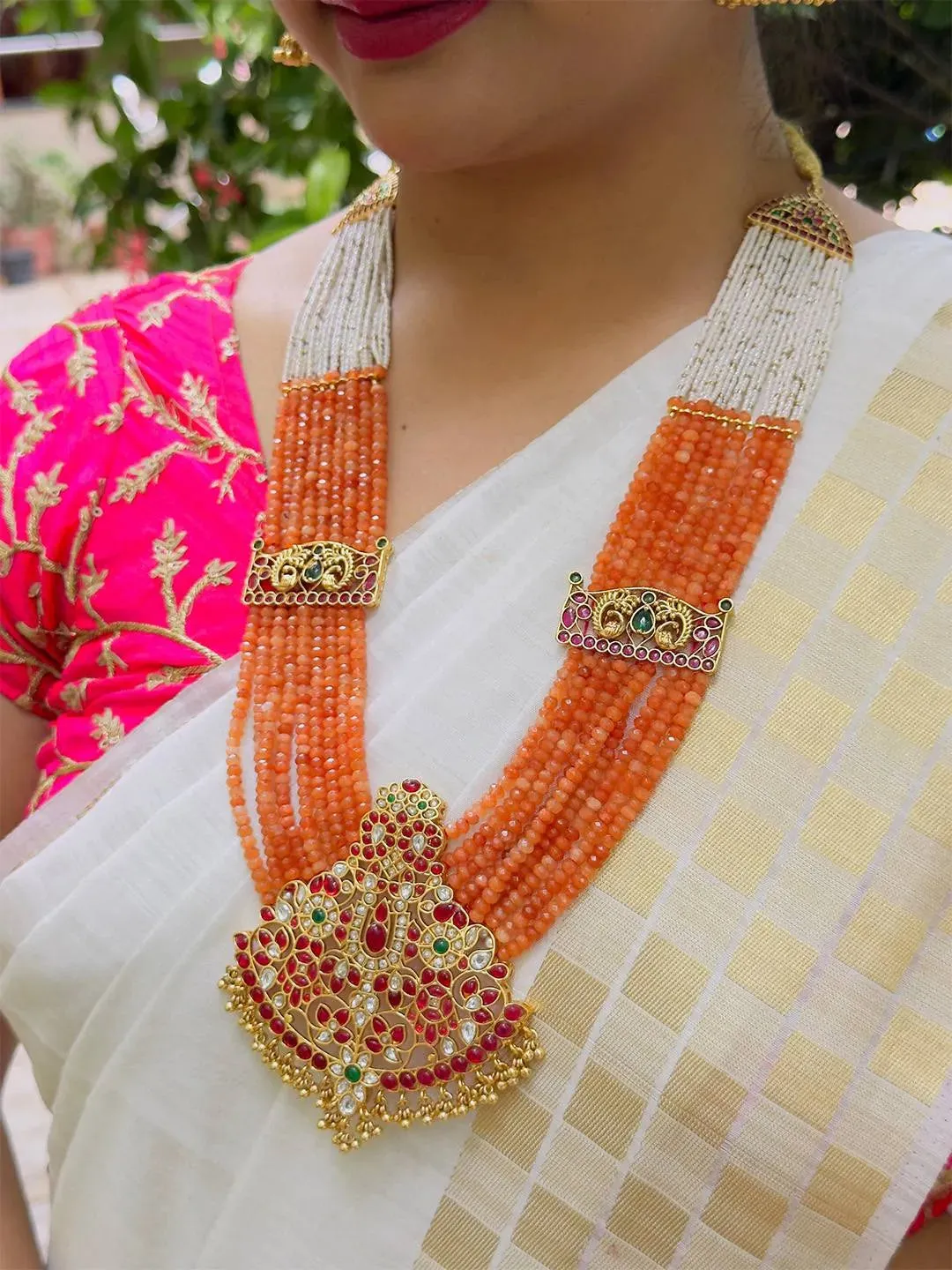 Ruby Stone Studded Layered Long Temple Necklace