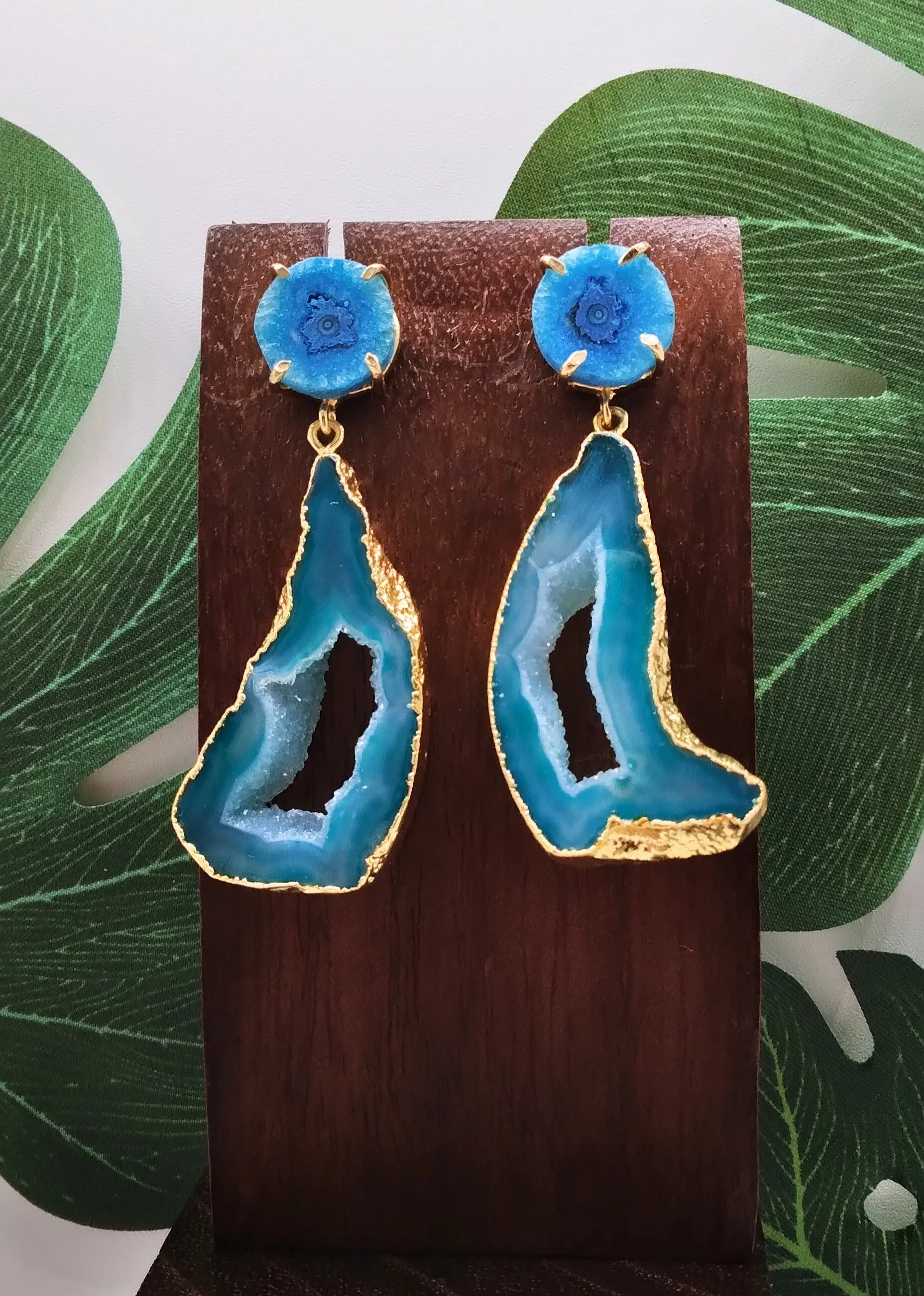 Sea Blue Agate Slice and Blue Solar Quartz Drop Earrings