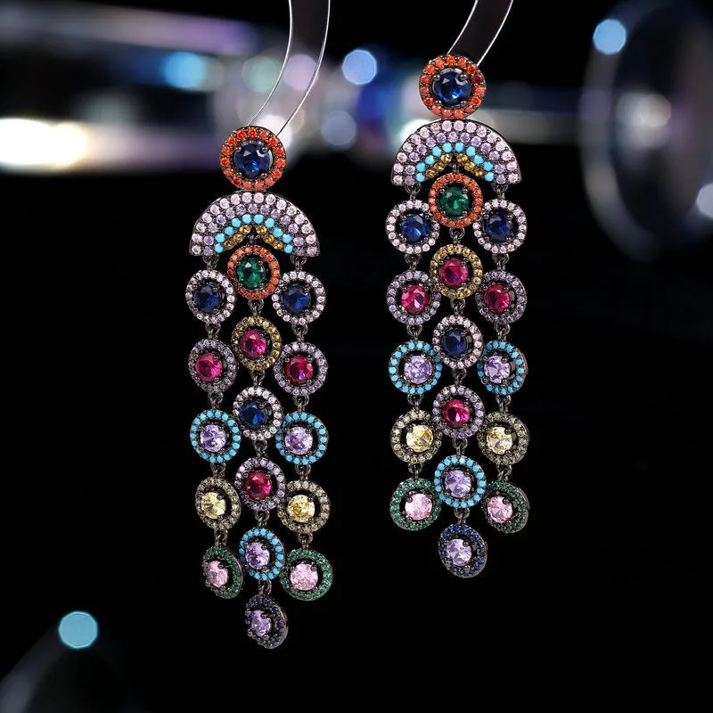 Shining Colorful Round Crystal Fringed Long Boho Earrings 925 Silver Needles