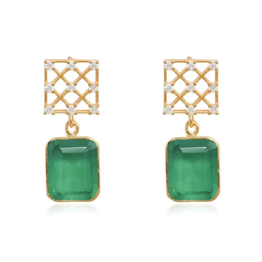 SILVER 92.5 ZIRCON STUD EARRING With Green Onyx