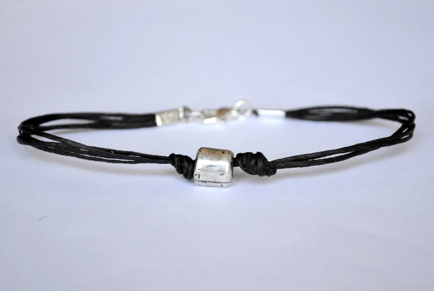 Silver tube bead anklet for men, black cord ankle bracelet, gift for him