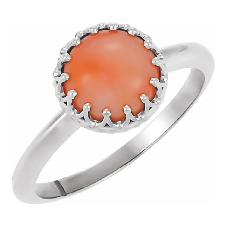 Sterling Silver 6 mm Natural Pink Coral Crown Cabochon Ring