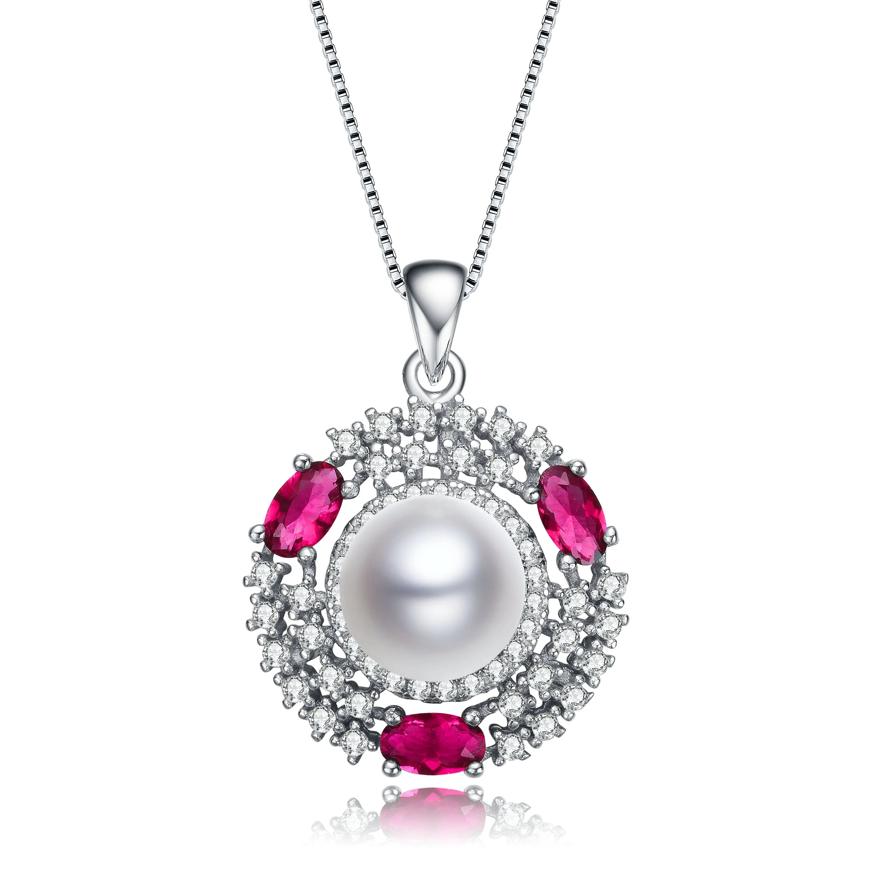 Sterling Silver Pearl Ruby Cubic Zirconia Rhodium Plated Last Pair Pendant