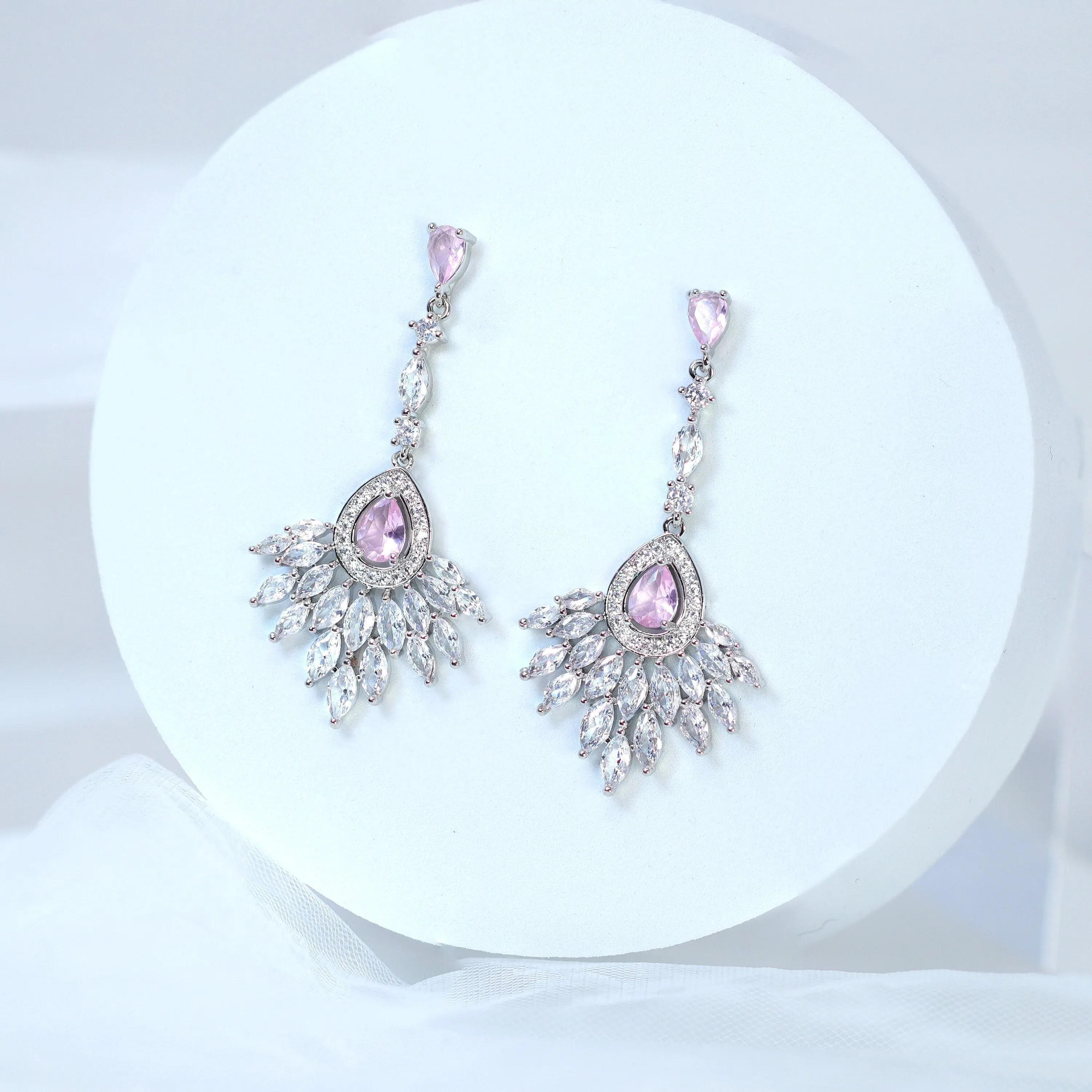 Swarovski Crystal Cz Diamond Elegent Pink Droplets  Earrings, Bridal Jewelry, Crystal Bridal Dangle Earrings, Statement Earrings Cz