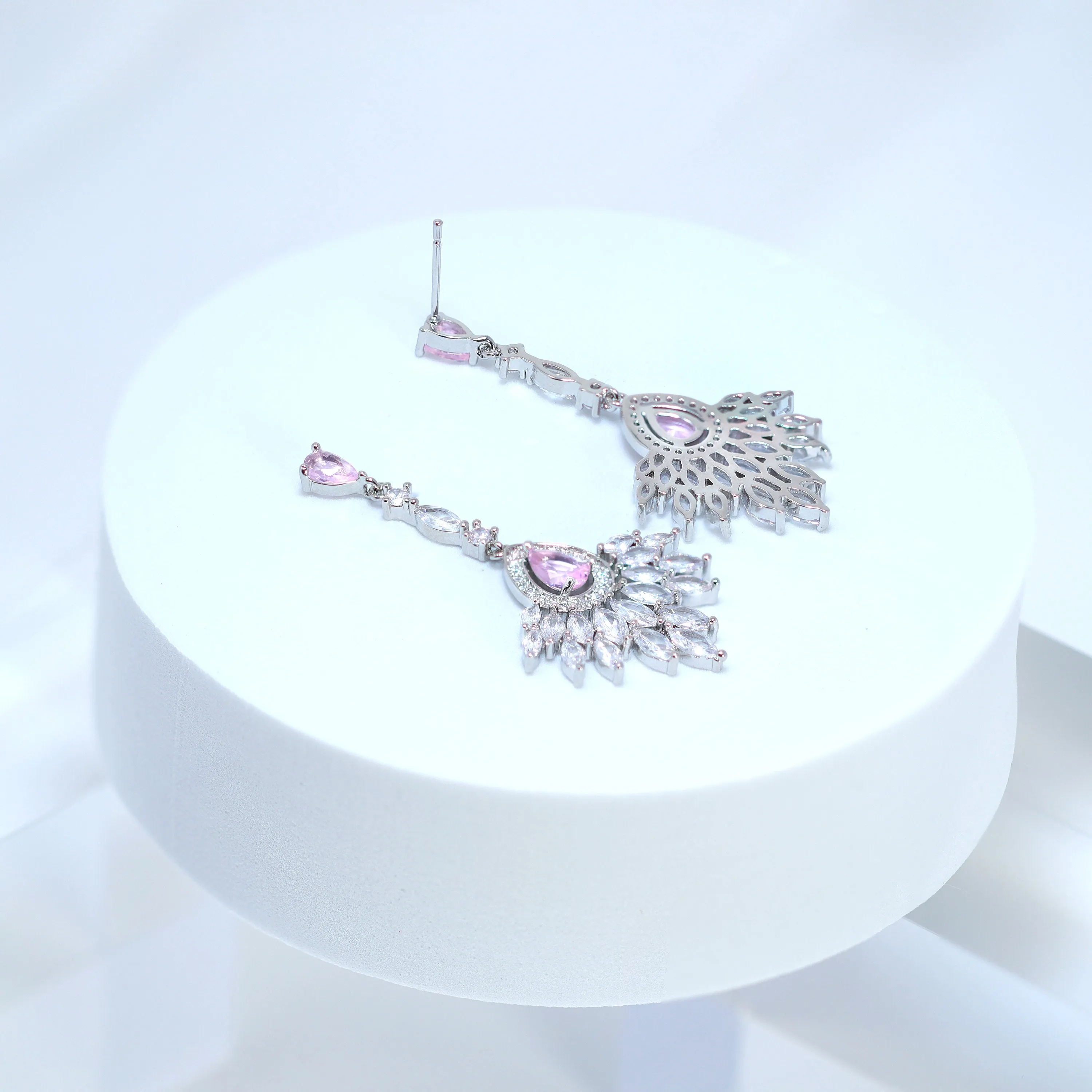 Swarovski Crystal Cz Diamond Elegent Pink Droplets  Earrings, Bridal Jewelry, Crystal Bridal Dangle Earrings, Statement Earrings Cz