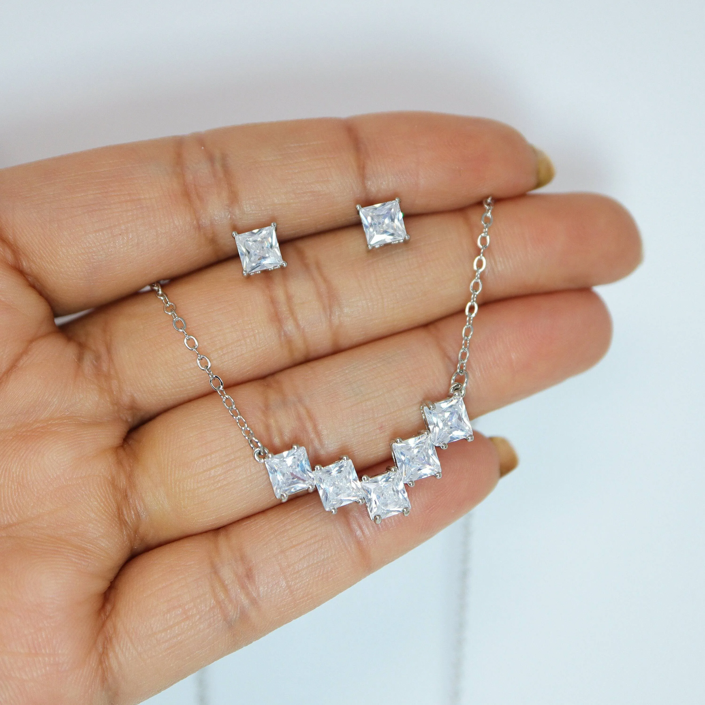 Swarovski Crystal Dainty 5 Square Geometric Necklace And Earrings Set , Bridal Jewelry, Statement Earrings Cz, Necklace Set