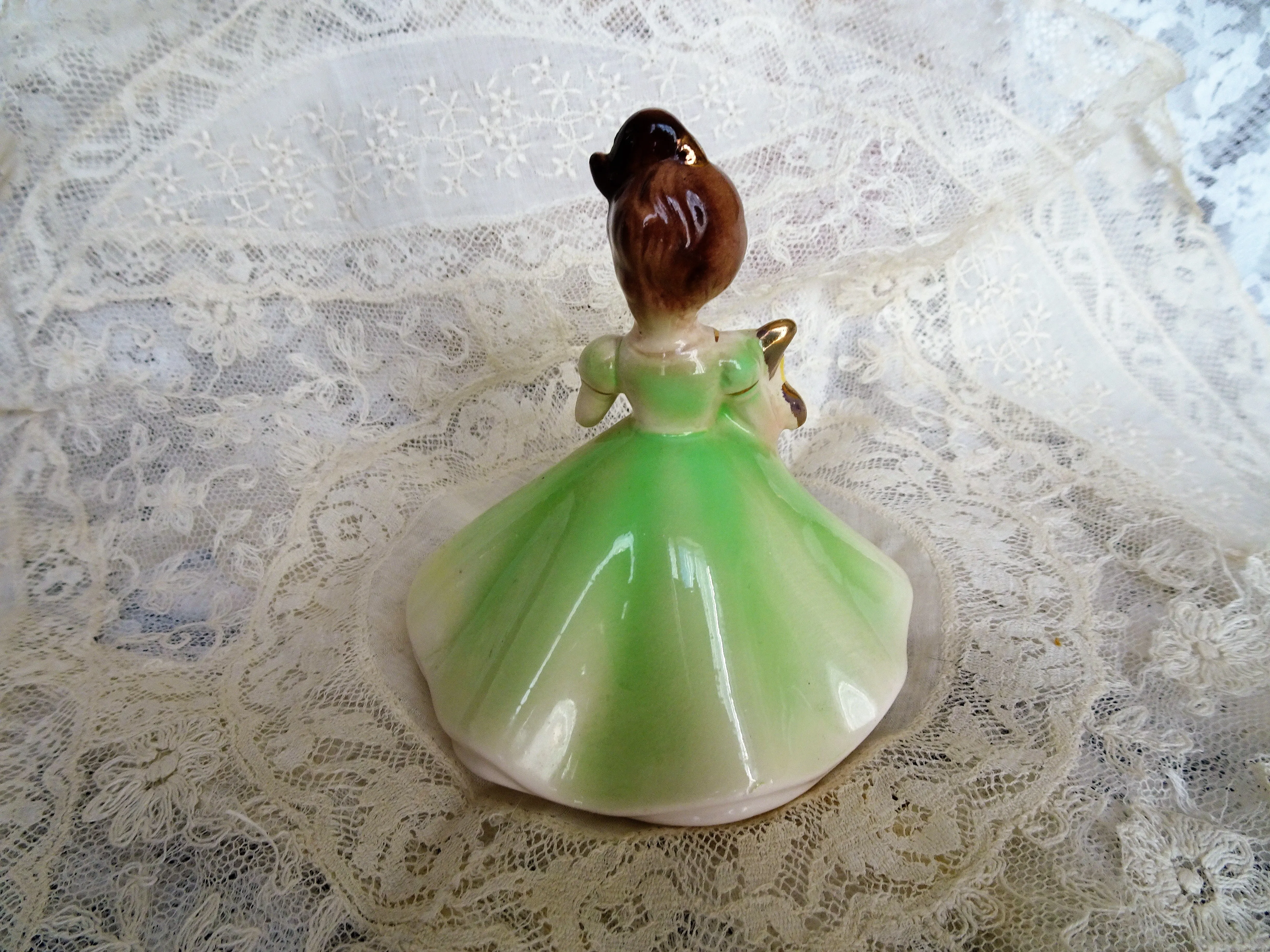 SWEET Vintage Josef Original August Birthday Girl Figurine, Yellow Rose ,Peridot Gem ,Green Dress ,Birthstone Dolls, Made in Japan