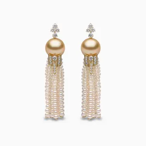 Tassel 18K Gold Golden Pearl and Diamond Geometric Motif Earrings