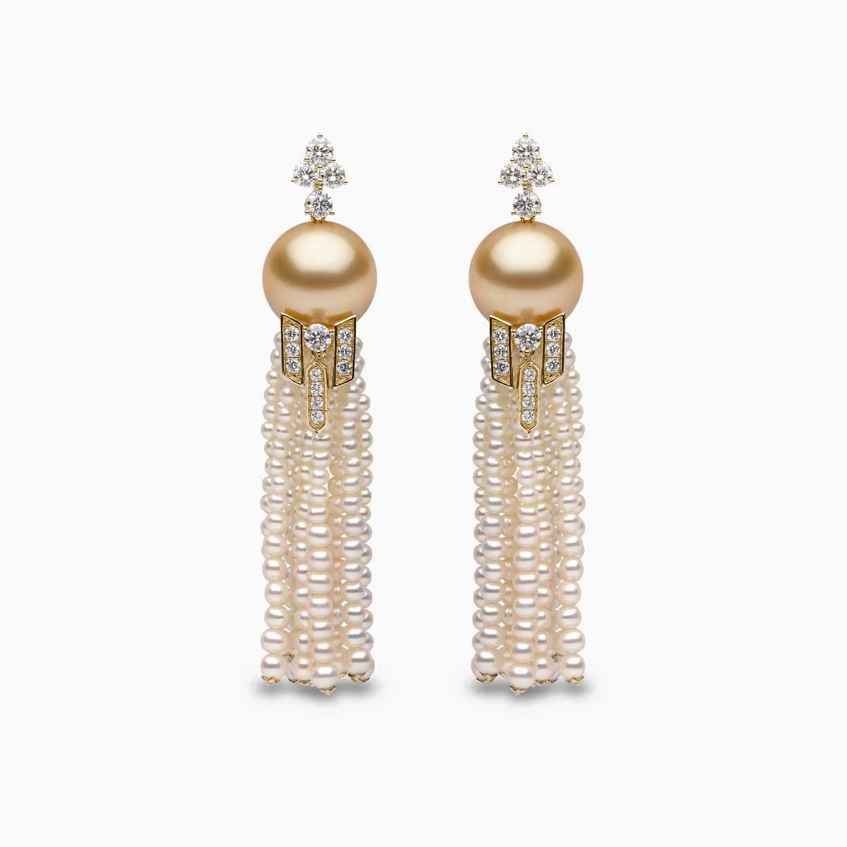 Tassel 18K Gold Golden Pearl and Diamond Geometric Motif Earrings