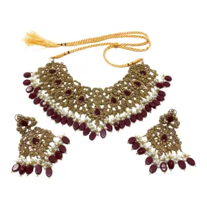 Traditional Bridal Pakistani Indian Gold Plated Red Choker Necklace with Dangle Earrings Gift Set - Duel On Jewel