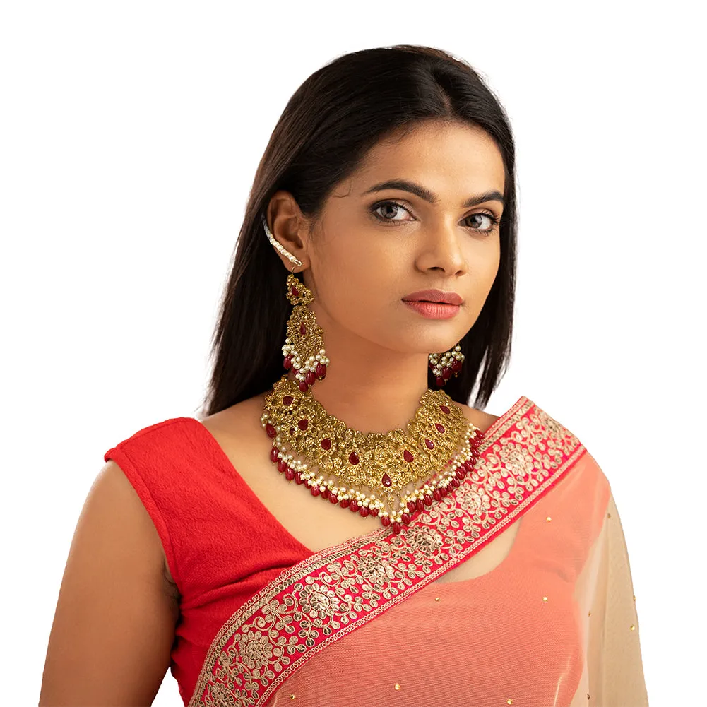 Traditional Bridal Pakistani Indian Gold Plated Red Choker Necklace with Dangle Earrings Gift Set - Duel On Jewel