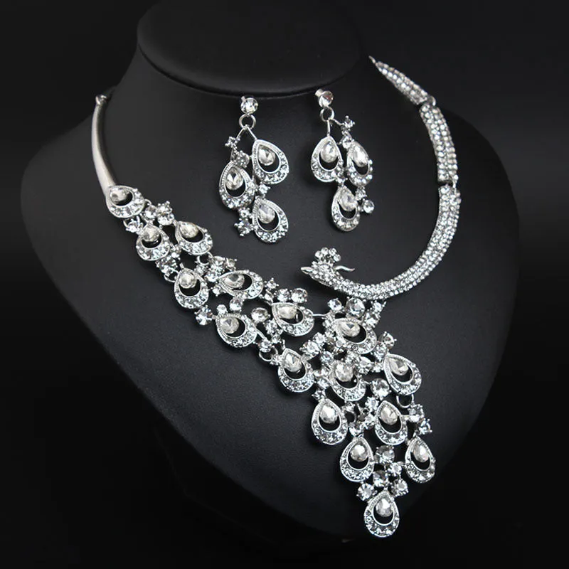 Transparent crystal peacock necklace earrings set bridal banquet dress female exaggerated accessories