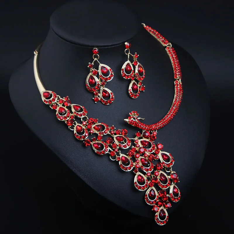 Transparent crystal peacock necklace earrings set bridal banquet dress female exaggerated accessories