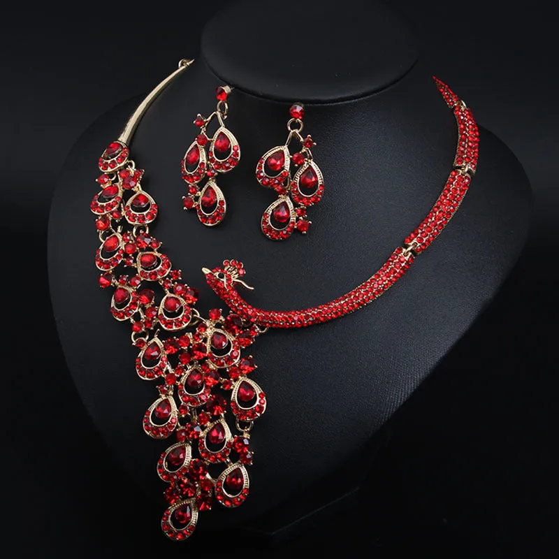 Transparent crystal peacock necklace earrings set bridal banquet dress female exaggerated accessories