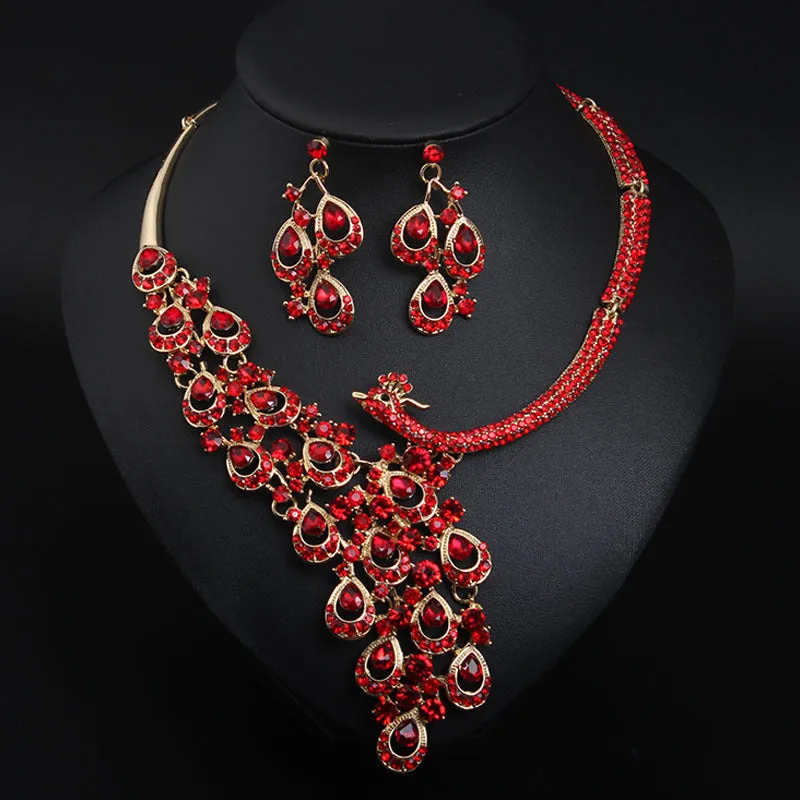 Transparent crystal peacock necklace earrings set bridal banquet dress female exaggerated accessories