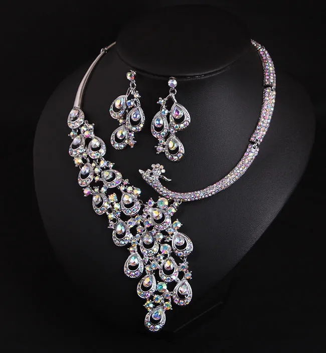 Transparent crystal peacock necklace earrings set bridal banquet dress female exaggerated accessories