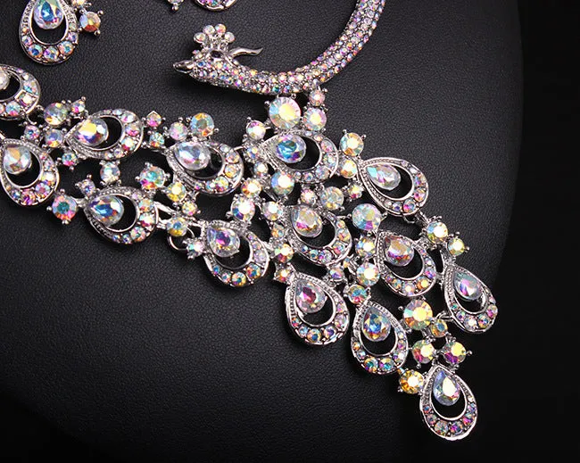 Transparent crystal peacock necklace earrings set bridal banquet dress female exaggerated accessories