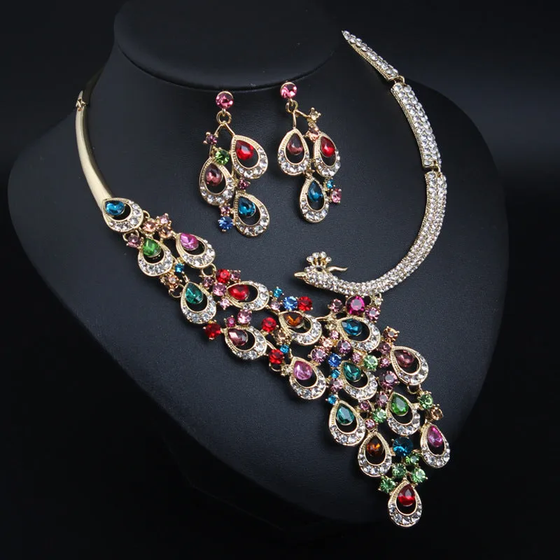 Transparent crystal peacock necklace earrings set bridal banquet dress female exaggerated accessories