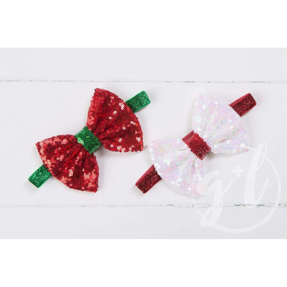 Two-in-One Sequined Bow Headband & Belt, Christmas Red Bow on Green Band