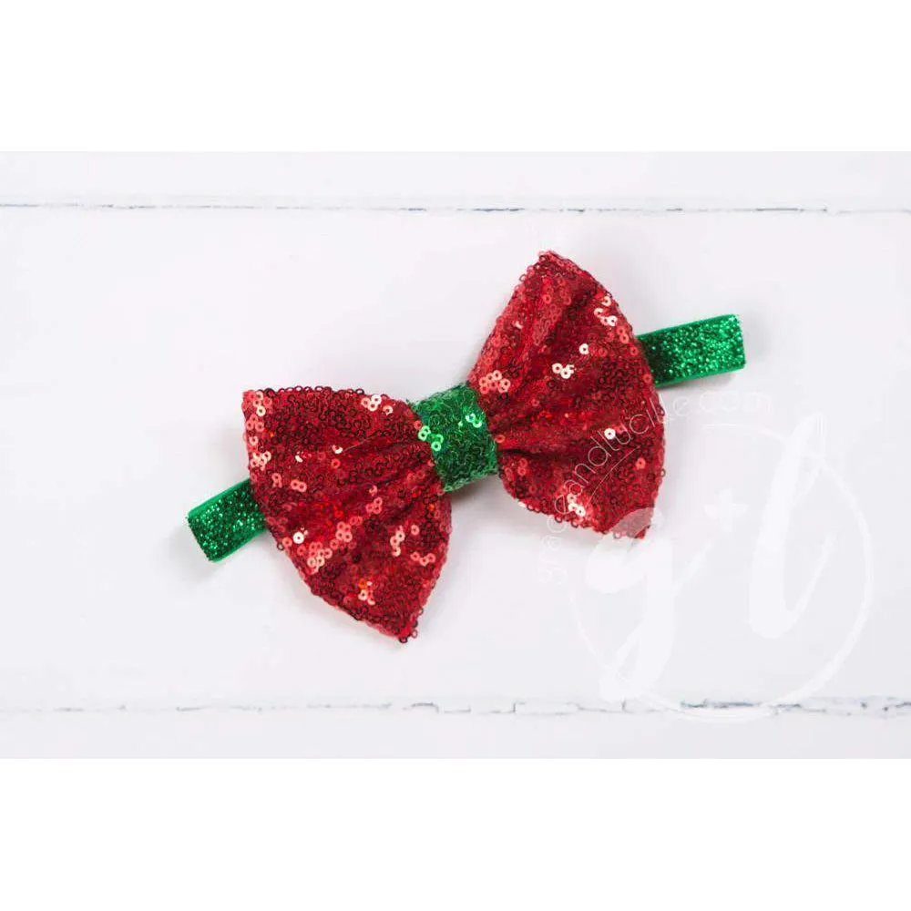 Two-in-One Sequined Bow Headband & Belt, Christmas Red Bow on Green Band