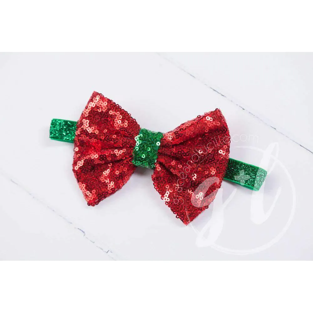 Two-in-One Sequined Bow Headband & Belt, Christmas Red Bow on Green Band