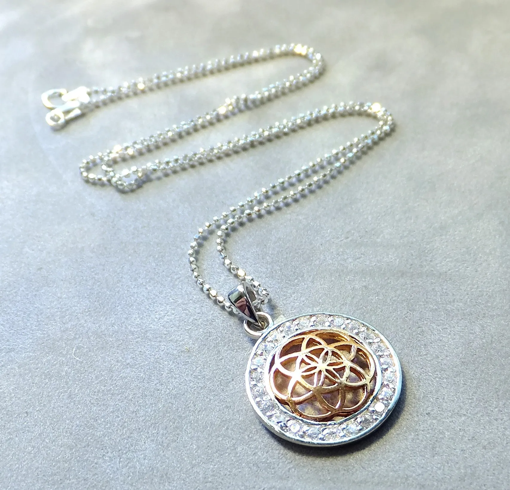 Two Tone Rose Gold And Sterling Silver Round Pendant Necklace