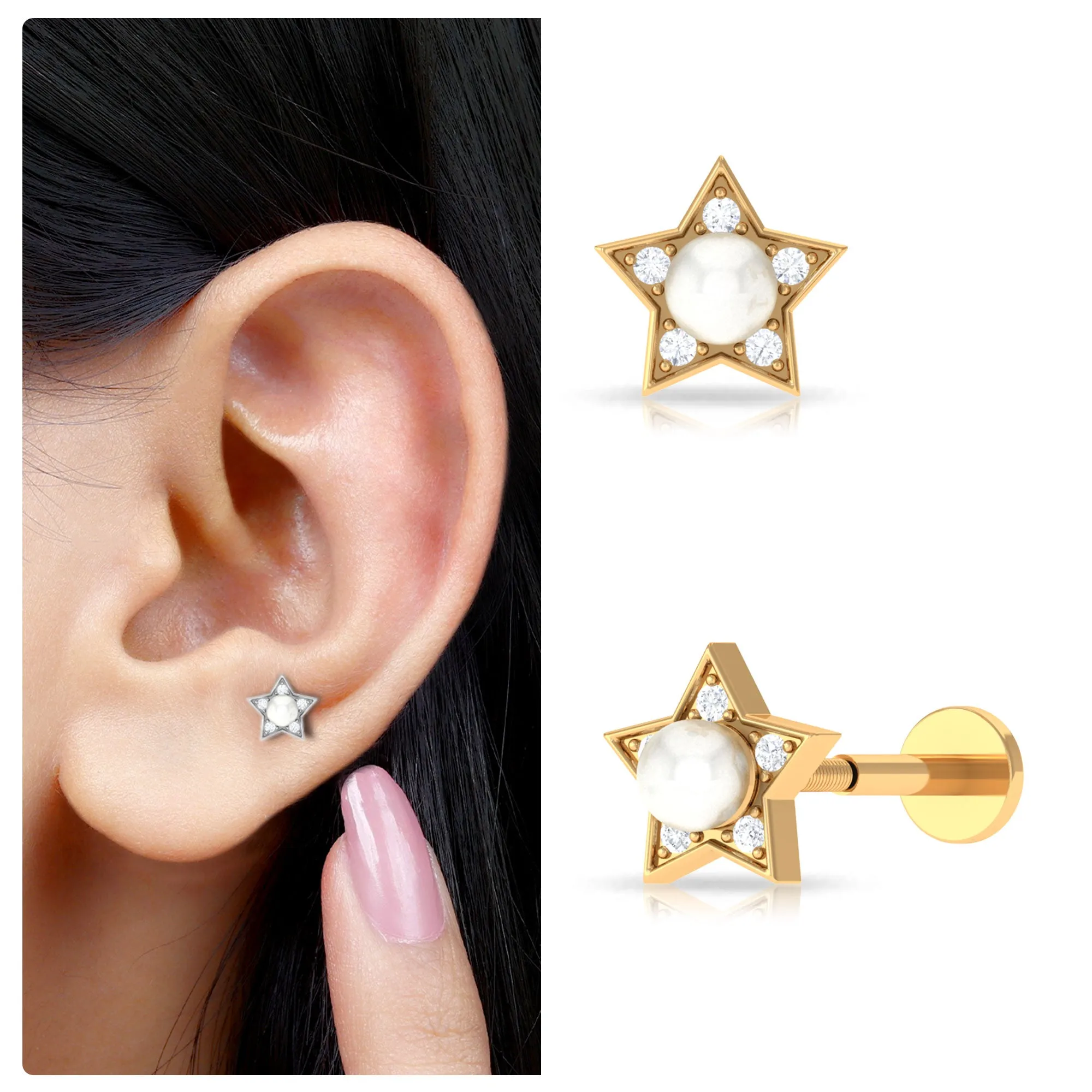 Unique Freshwater Pearl Star Helix Earring with Diamond