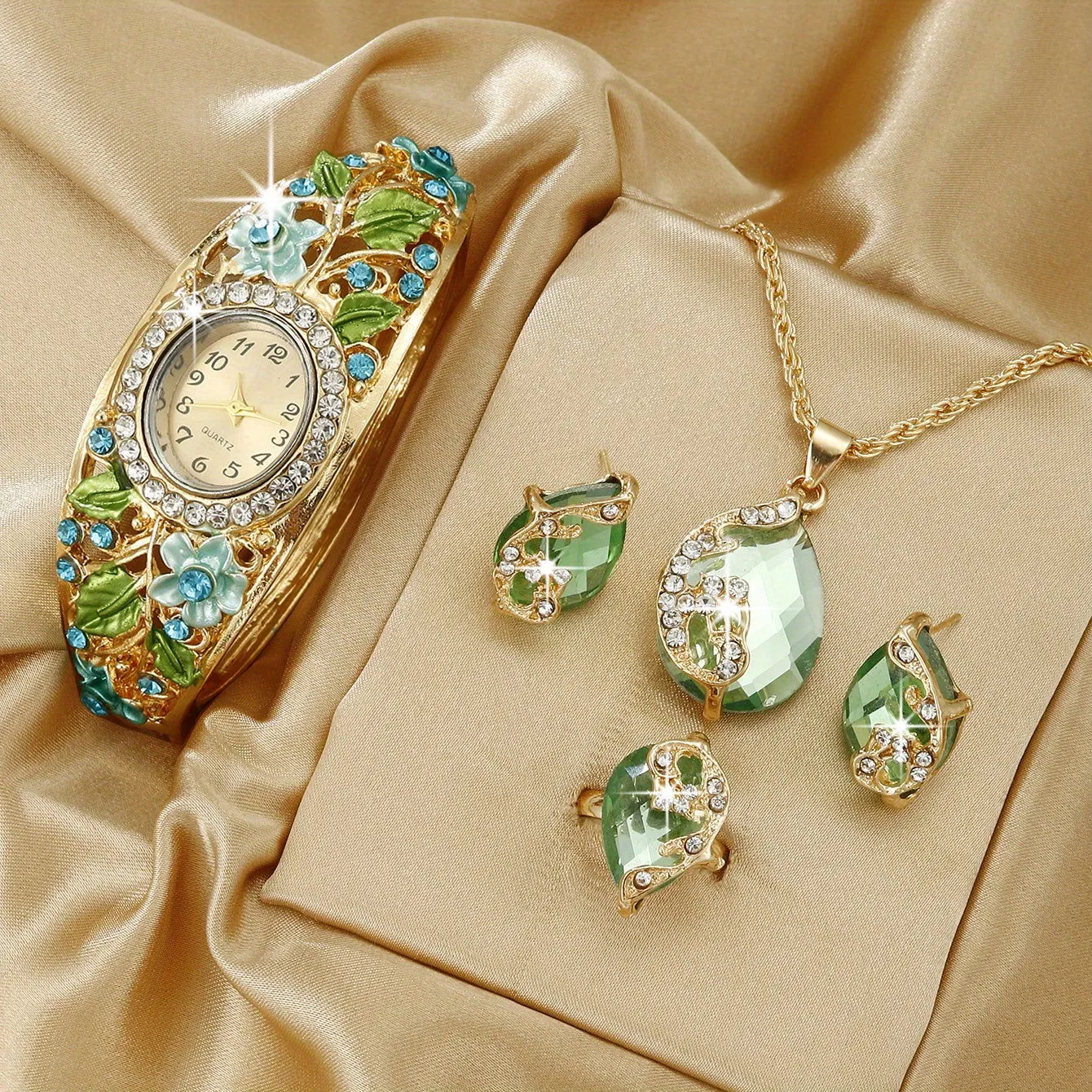 Vintage Flower Child Rhinestone Watch, Bangle Earring & Necklace