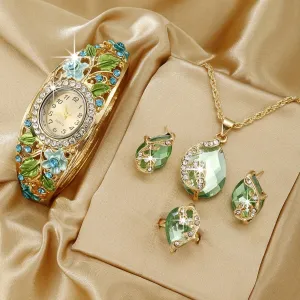 Vintage Flower Child Rhinestone Watch, Bangle Earring & Necklace