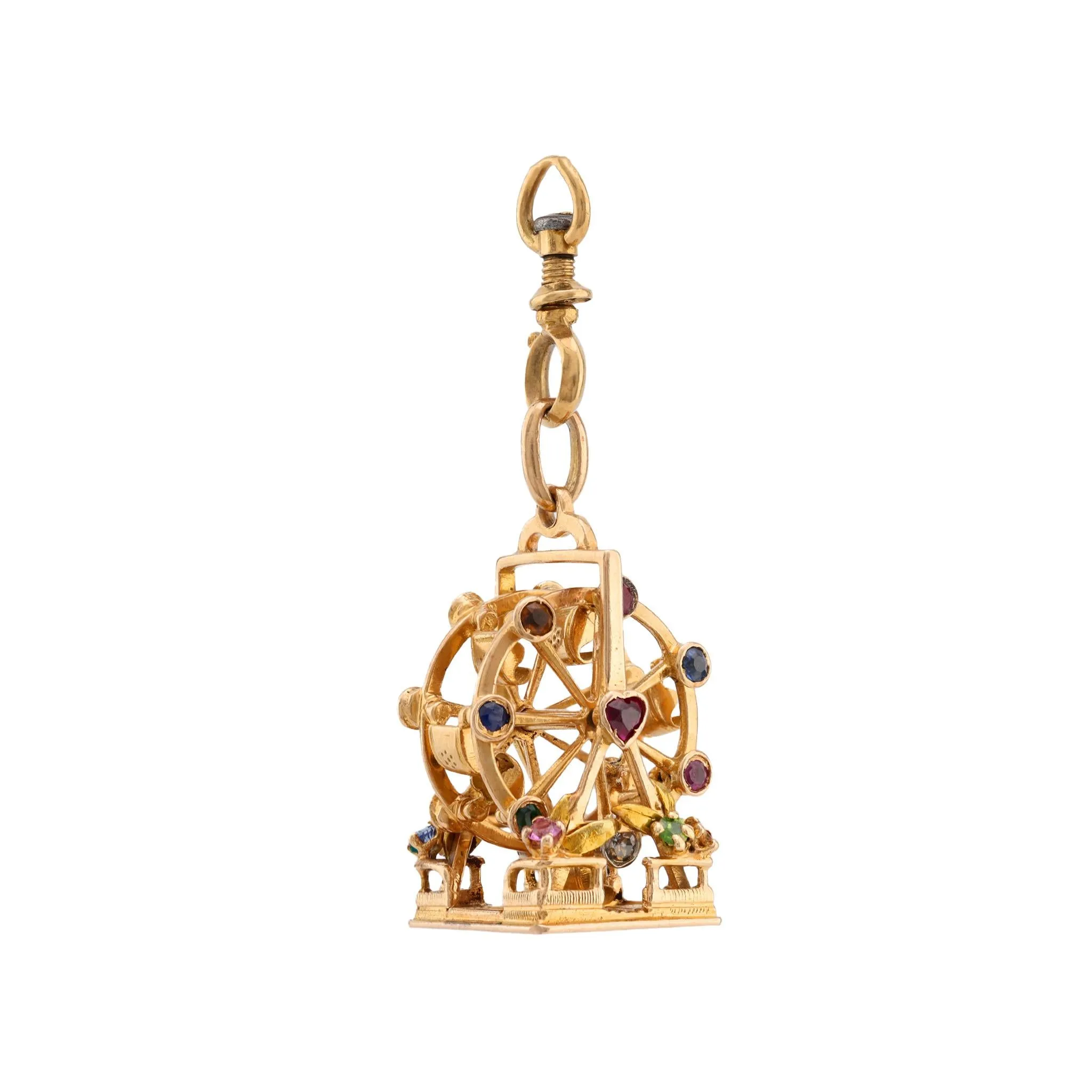 Vintage French Gemstone 18K Yellow Gold Ferris Wheel Pendant