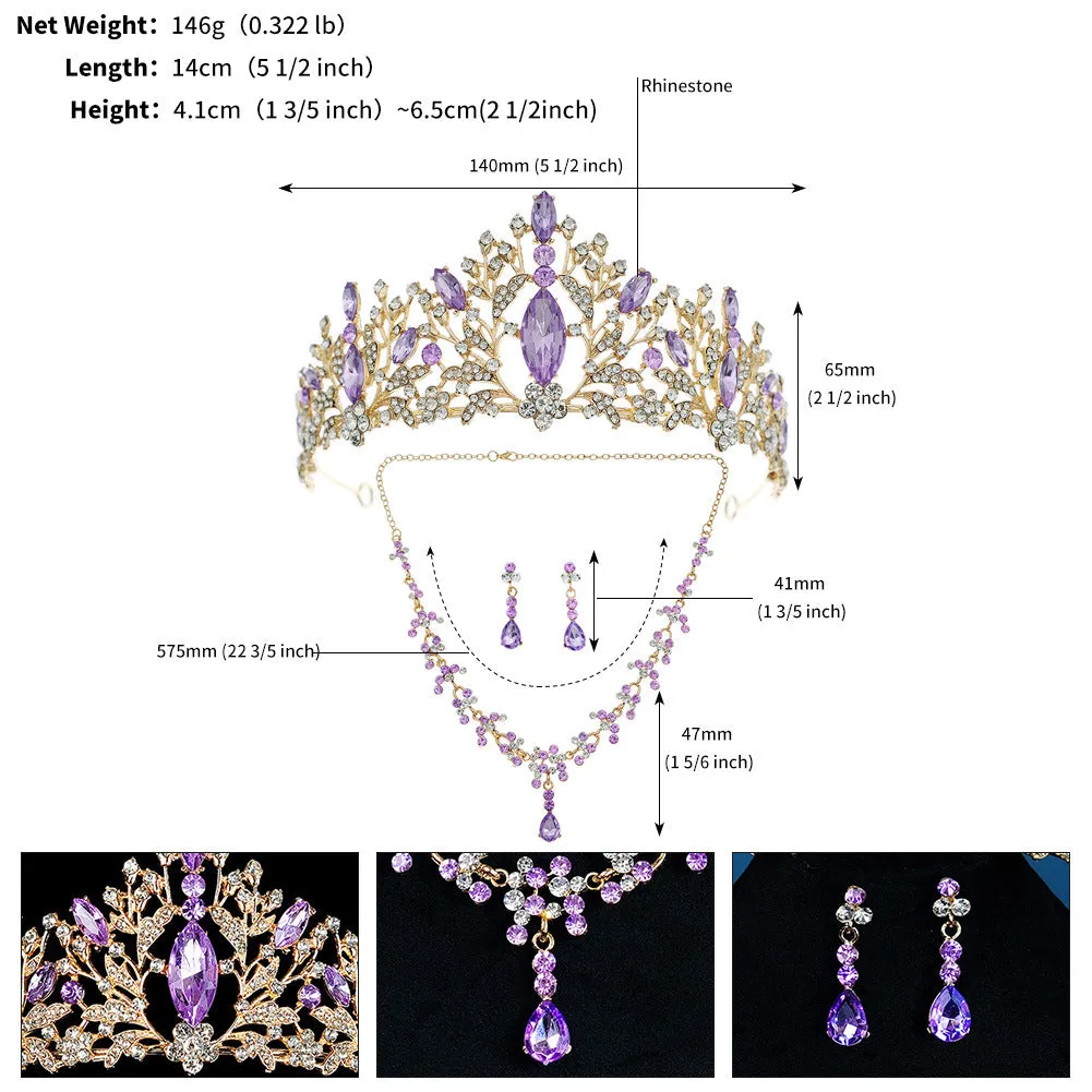 wedding bridal jewelry set wedding accessories high-end purple crystal necklace earrings crown three-piece set