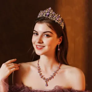 wedding bridal jewelry set wedding accessories high-end purple crystal necklace earrings crown three-piece set