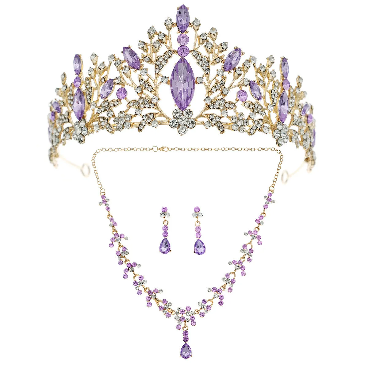 wedding bridal jewelry set wedding accessories high-end purple crystal necklace earrings crown three-piece set