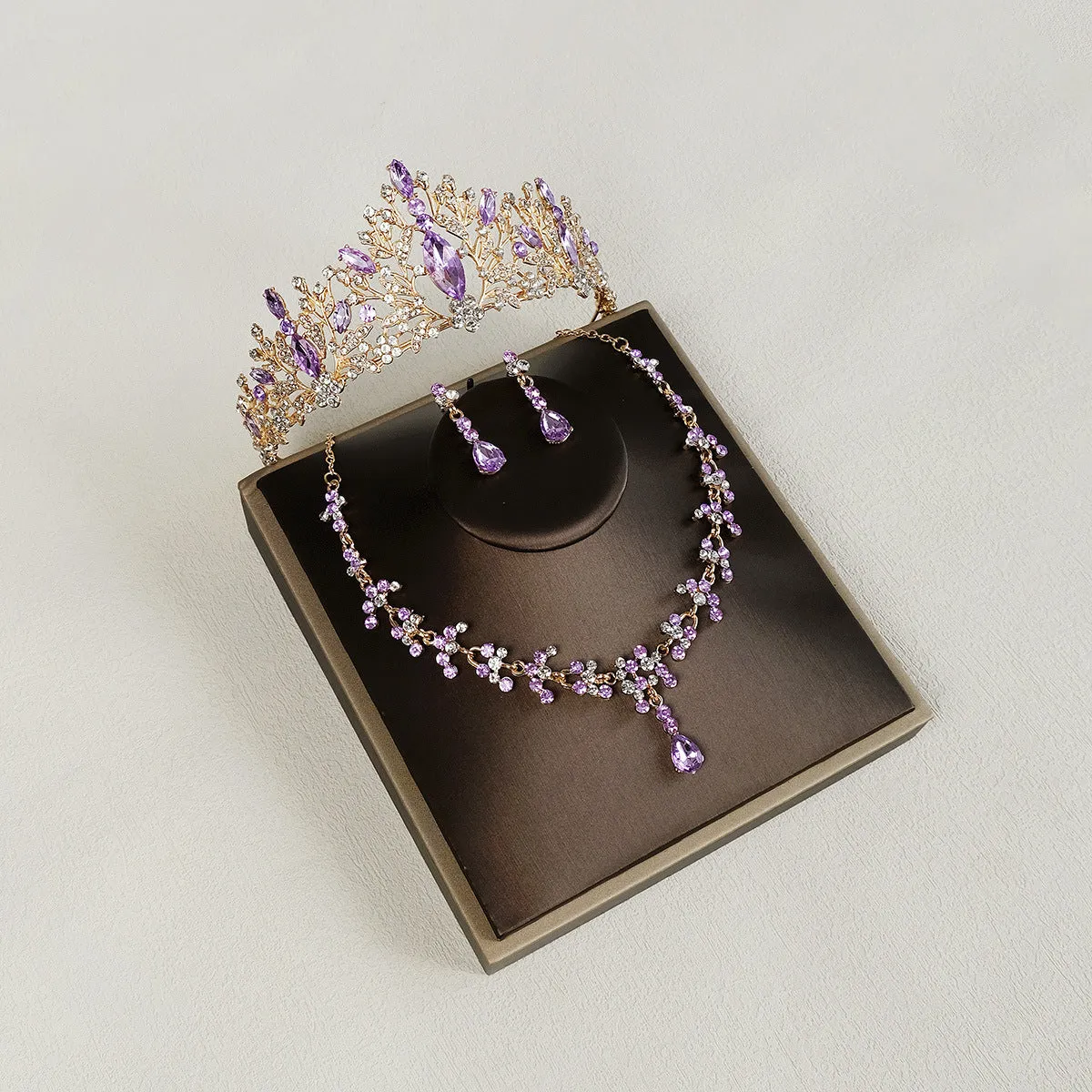 wedding bridal jewelry set wedding accessories high-end purple crystal necklace earrings crown three-piece set