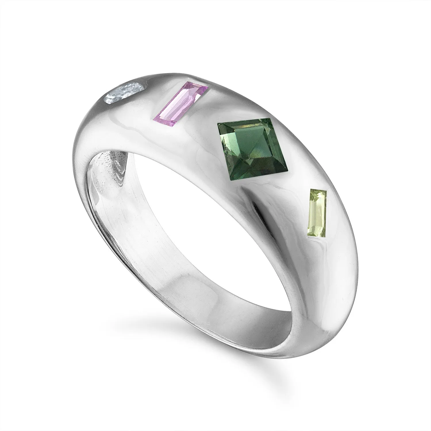 White Gold Four Stone  Dome Ring with Diamond, Sapphire, Tourmaline and Peridot