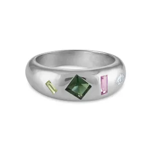 White Gold Four Stone  Dome Ring with Diamond, Sapphire, Tourmaline and Peridot